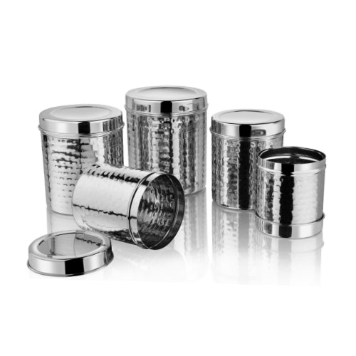 VINOD Stainless Steel Hammered Deep Dabba – Premium Steel food storage container for Kitchen – Set of 5 Pieces, 1000 ml, 1400 ml, 1800 ml, 2300 ml, 3000 ml, No10 to No 14