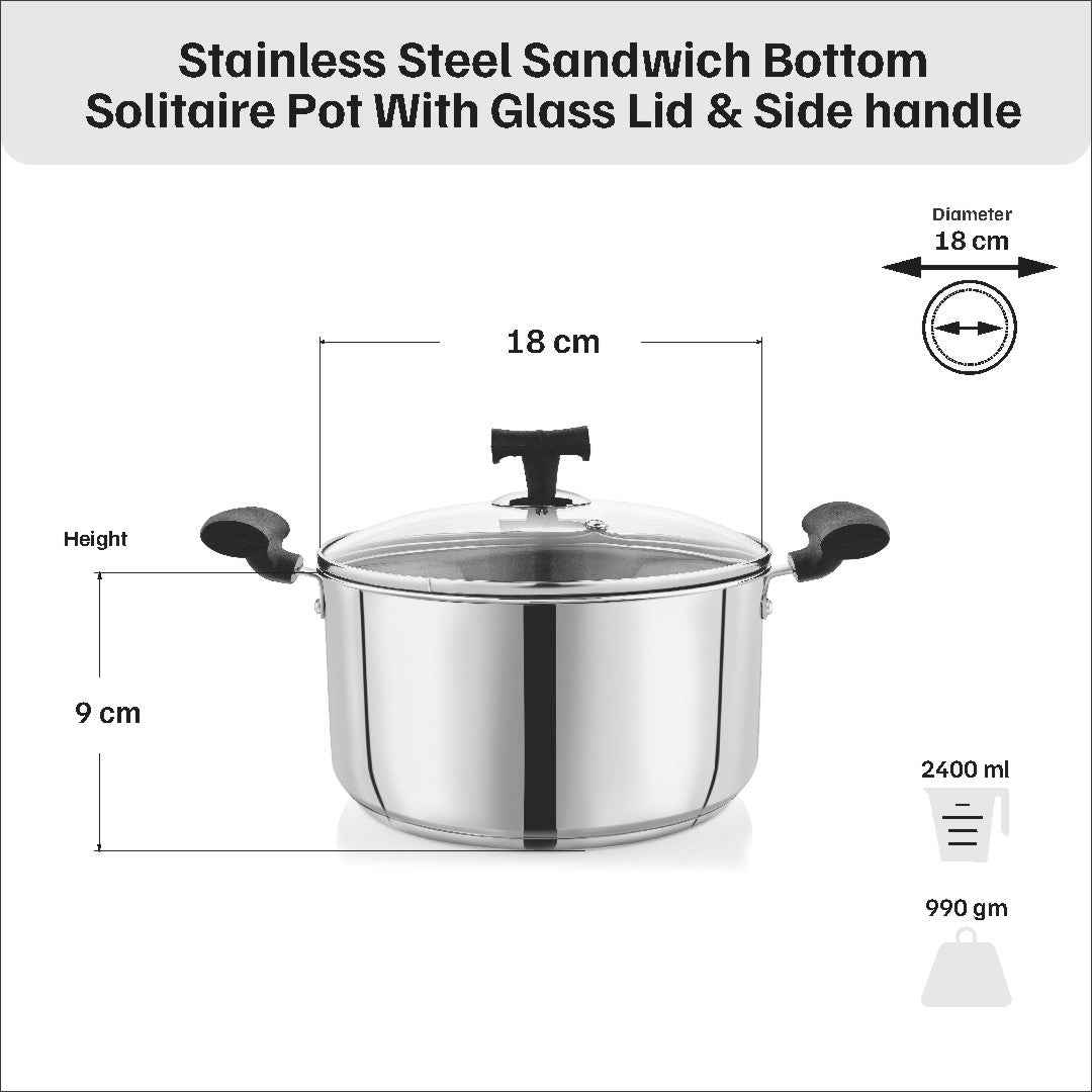 VINOD – DONIV Stainless Steel Sandwich Bottom Solitaire Sauce Pot with Glass Lid & Side handle, Induction Friendly, Capacity 2.4 Liter (18cm)