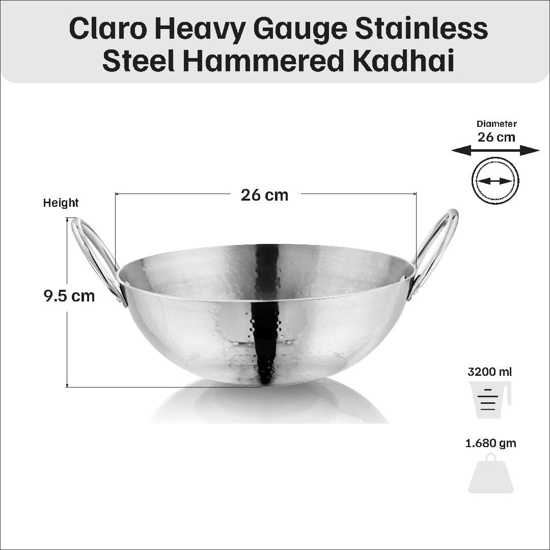 Vinod – Claro Heavy Gauge Stainless Steel Hammered Kadai, 2.5 mm – Capacity 3.2 Liter (26cm)