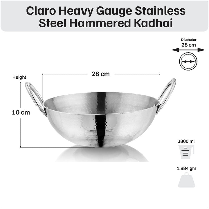 Vinod – Claro Heavy Gauge Stainless Steel Hammered Kadai, 2.5 mm – Capacity 3.8 Liter (28cm)