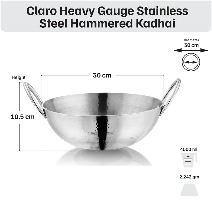 Vinod – Claro Heavy Gauge Stainless Steel Hammered Kadai, 2.5 mm – Capacity 4.5 Liter (30cm)