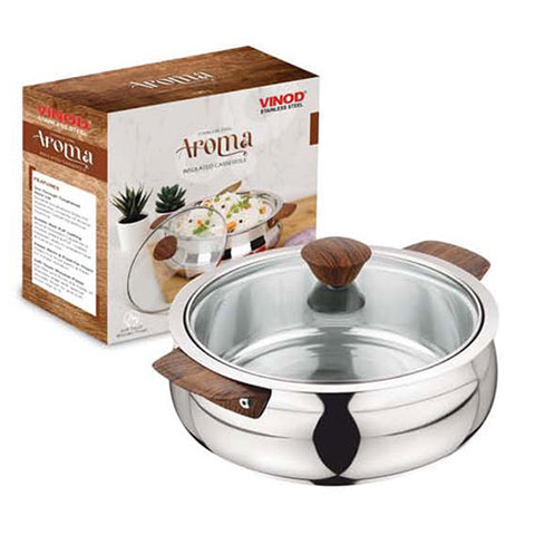 VINOD Stainless Steel Aroma Insulated Casserole with Glass Lid & Wooden Knob | Capacity 750 ml