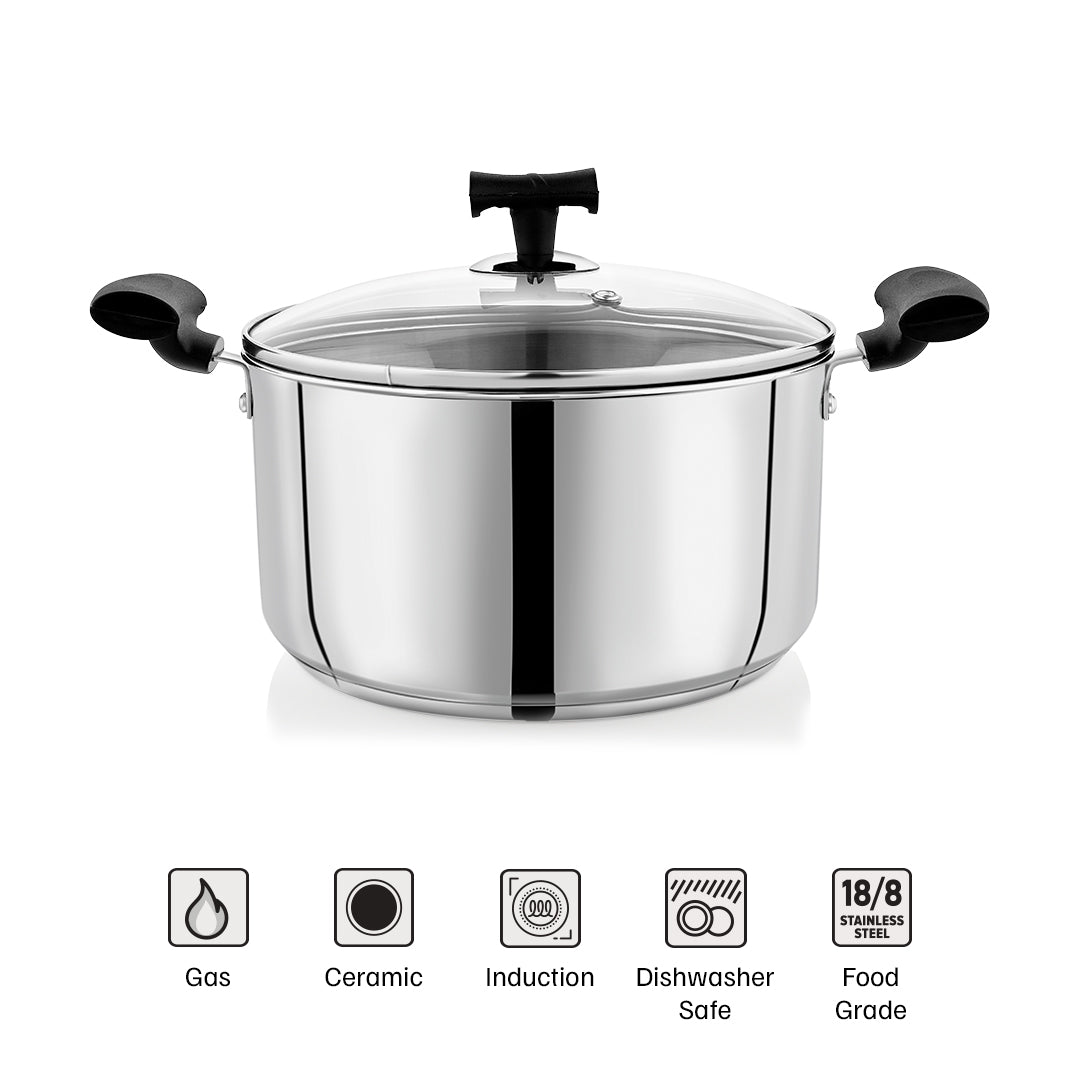 VINOD – DONIV Stainless Steel Sandwich Bottom Solitaire Sauce Pot with Glass Lid & Side handle, Induction Friendly, Capacity 5 Ltr (24cm)