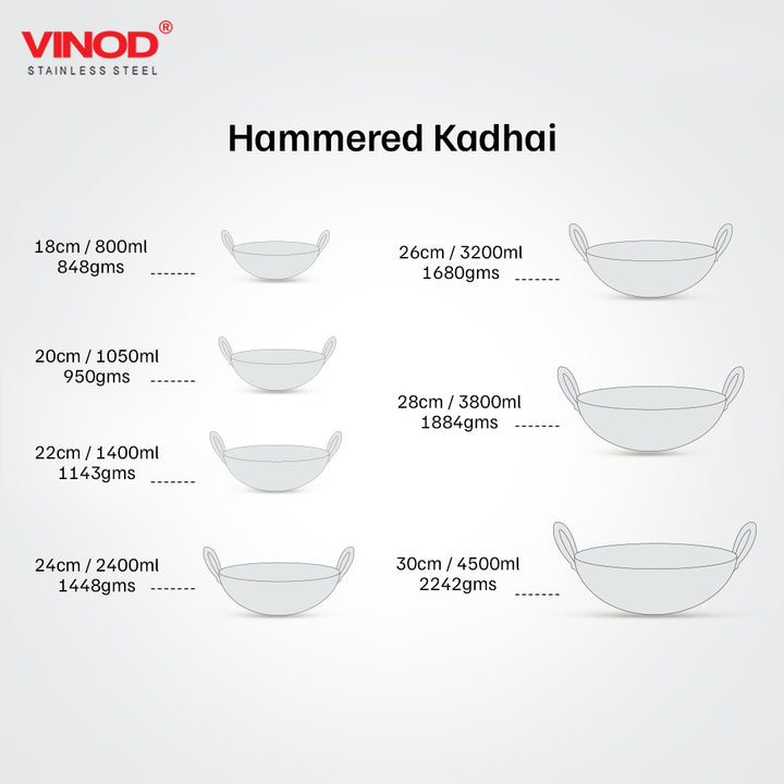 Vinod – Claro Heavy Gauge Stainless Steel Hammered Kadai, 2.5 mm – Capacity 4.5 Liter (30cm)