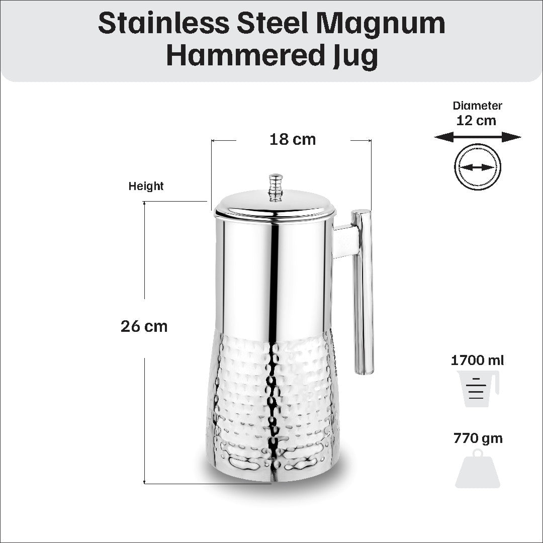 Vinod Stainless Steel Hammered Magnum Water Pitcher / Jug with Cover – 1700 ml