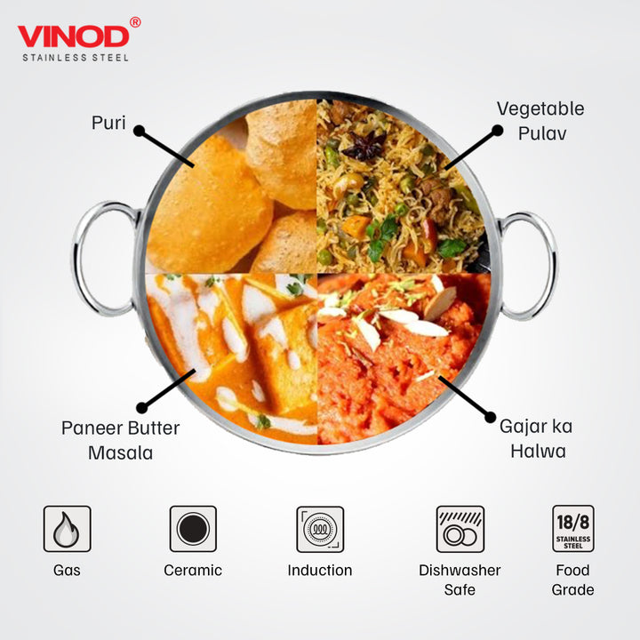 Vinod – Claro Heavy Gauge Stainless Steel Kadai (Plain), 2.5 mm – Capacity 2.4 Liters (24cm)