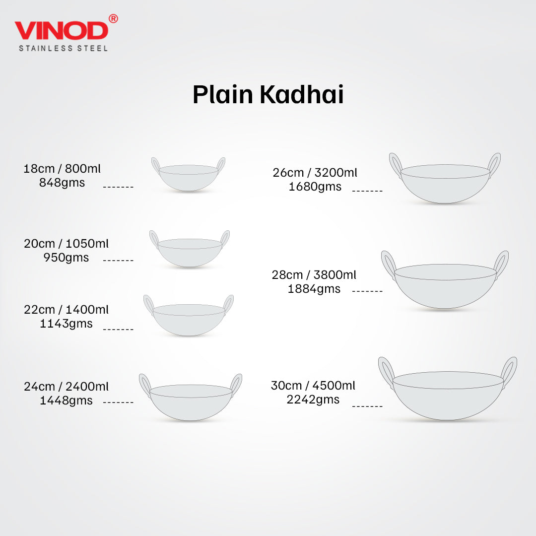 Vinod – Claro Heavy Gauge Stainless Steel Kadai (Plain), 2.5 mm – Capacity 2.4 Liters (24cm)