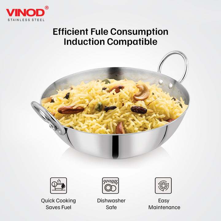 Vinod – Claro Heavy Gauge Stainless Steel Kadai (Plain), 2.5 mm – Capacity 2.4 Liters (24cm)