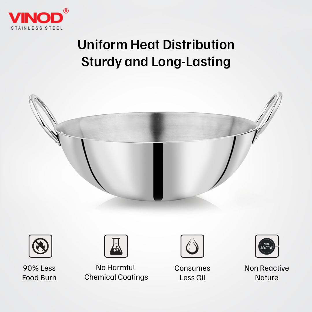 Vinod – Claro Heavy Gauge Stainless Steel Kadai (Plain), 2.5 mm – Capacity 2.4 Liters (24cm)