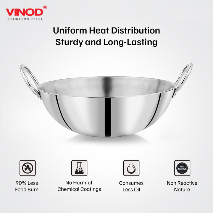 Vinod – Claro Heavy Gauge Stainless Steel Kadai (Plain), 2.5 mm – Capacity 2.4 Liters (24cm)