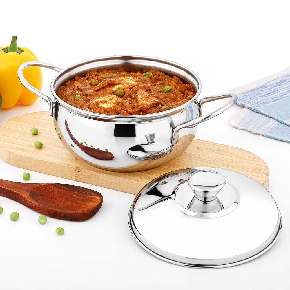 Vinod Stainless Steel Milano Plain Serving Casserole With Steel Lid & Side Handle 1230 ml, 16 cm