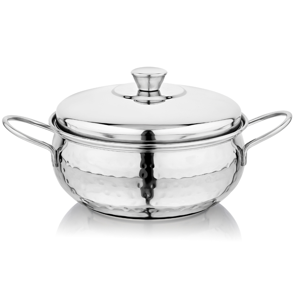 Vinod Stainless Steel Milano Hammered Serving Casserole With Steel Lid & Side Handle 1230 ml, 16 cm