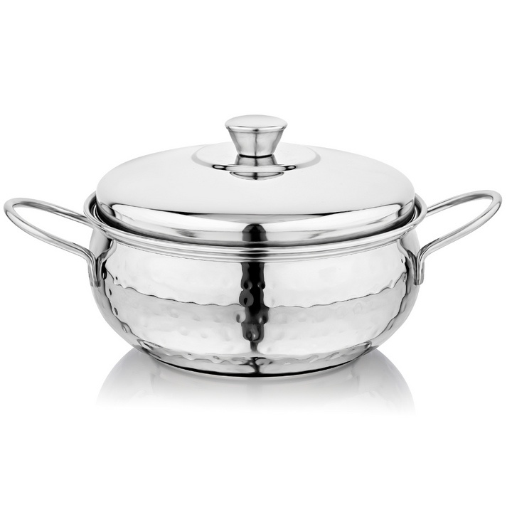 Vinod Stainless Steel Milano Hammered Serving Casserole With Steel Lid & Side Handle 1230 ml, 16 cm