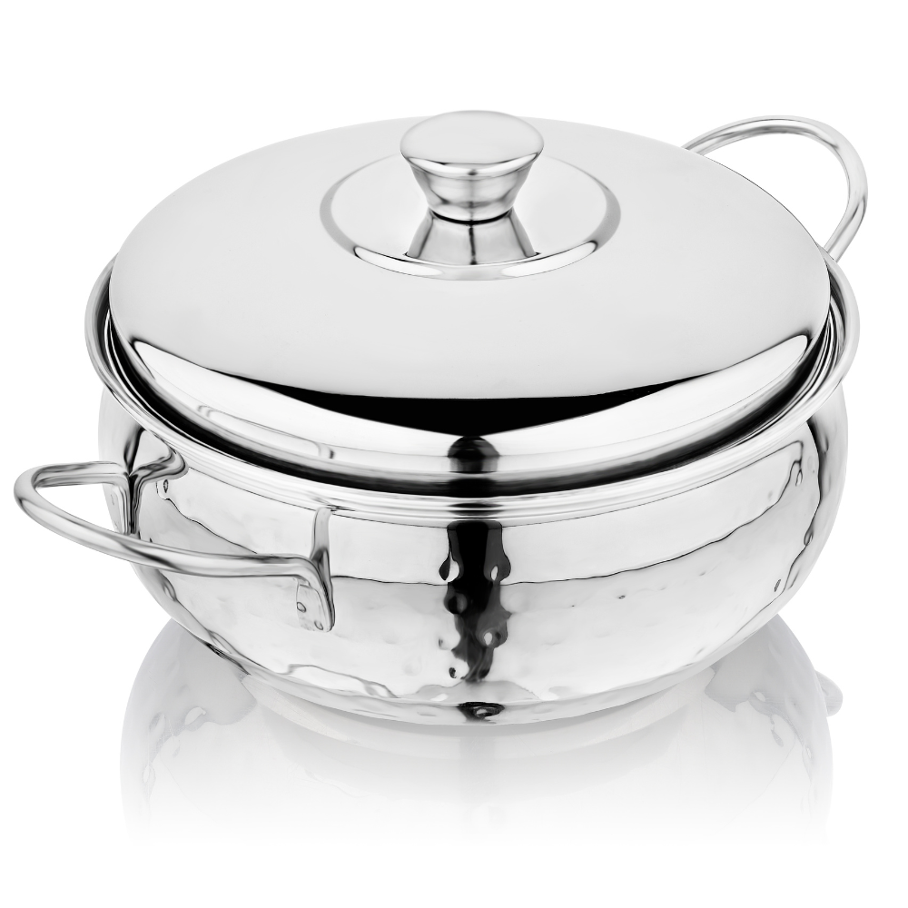 Vinod Stainless Steel Milano Hammered Serving Casserole With Steel Lid & Side Handle 1230 ml, 16 cm