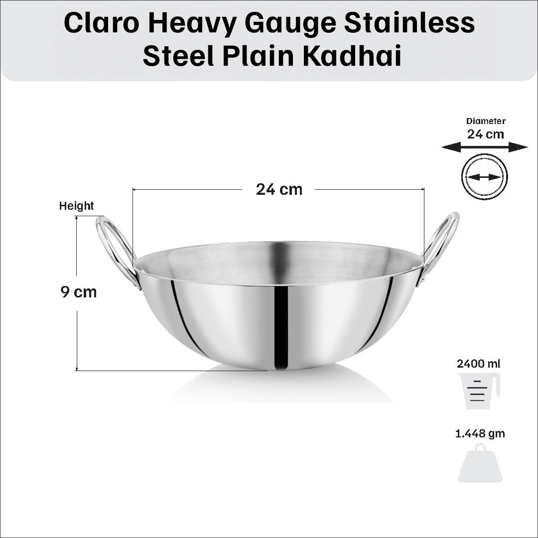 Vinod – Claro Heavy Gauge Stainless Steel Kadai (Plain), 2.5 mm – Capacity 2.4 Liters (24cm)