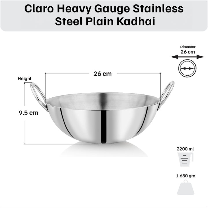 Vinod – Claro Heavy Gauge Stainless Steel Kadai (Plain),  2.5 mm – Capacity 3.2 liter (26cm)