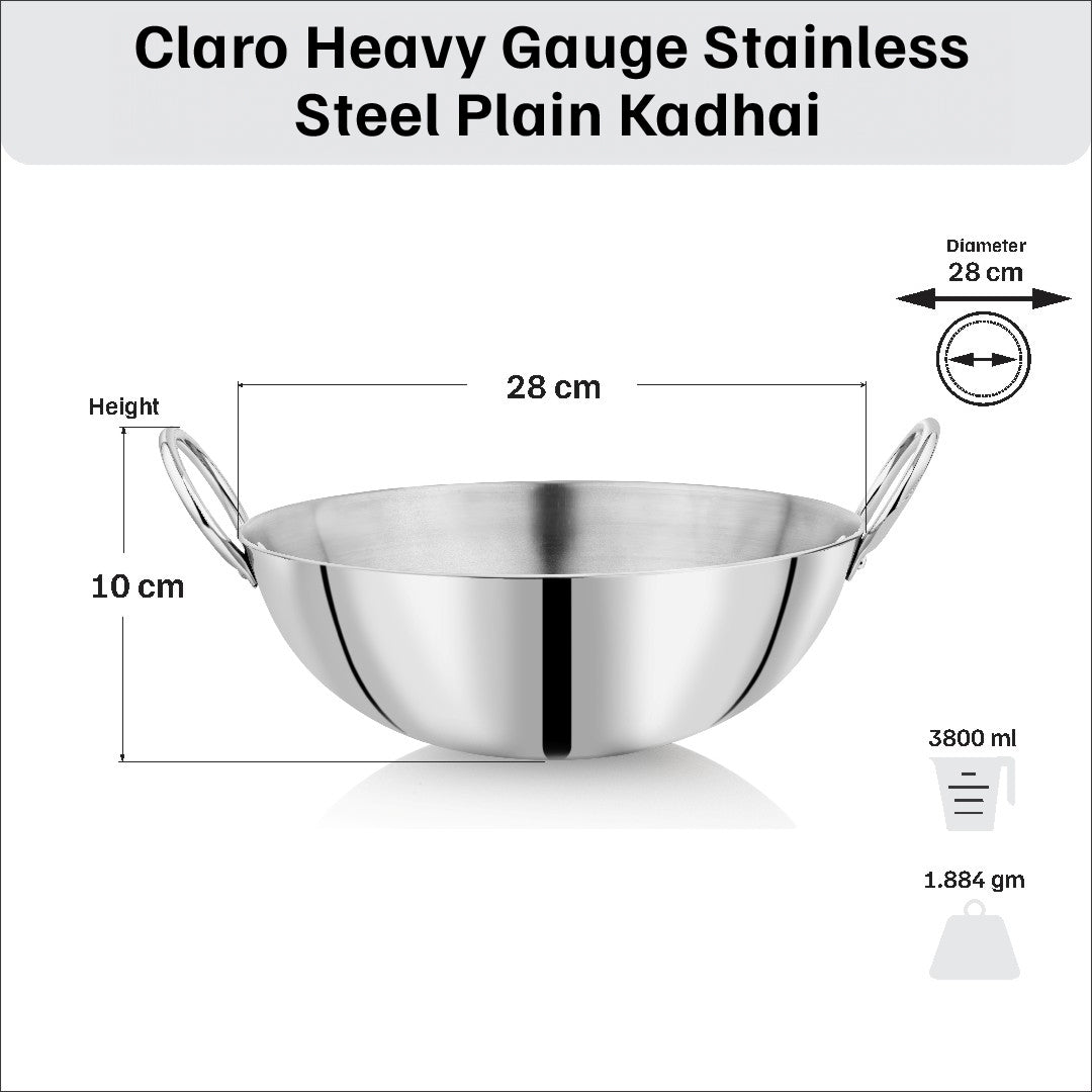 Vinod – Claro Heavy Gauge Stainless Steel Kadai (Plain), 2.5 mm – Capacity 3.8 Liter (28cm)