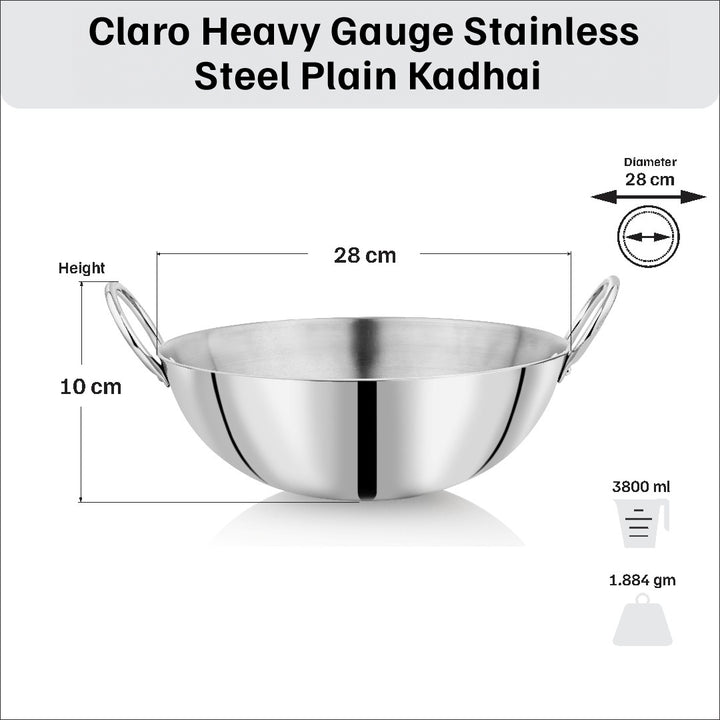 Vinod – Claro Heavy Gauge Stainless Steel Kadai (Plain), 2.5 mm – Capacity 3.8 Liter (28cm)