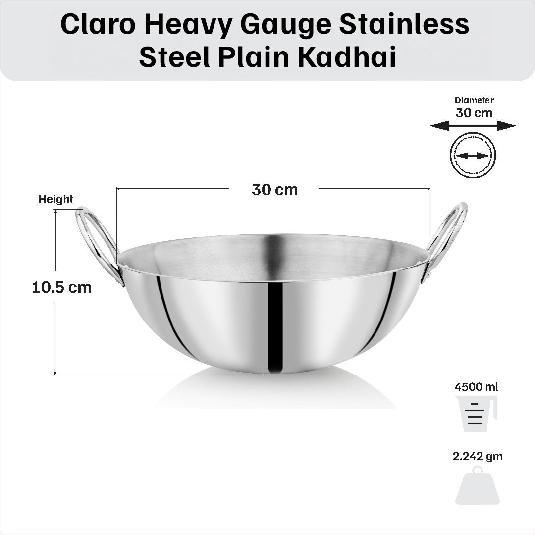 Vinod – Claro Heavy Gauge Stainless Steel Kadai (Plain),  2.5 mm – Capacity 4.5 liter (30cm)