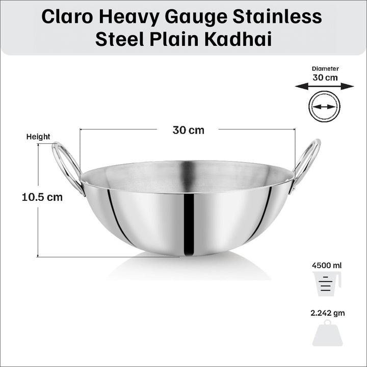 Vinod – Claro Heavy Gauge Stainless Steel Kadai (Plain),  2.5 mm – Capacity 4.5 liter (30cm)