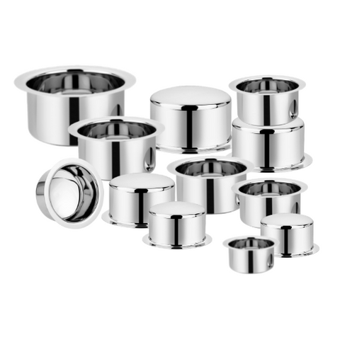 Vinod Stainless Steel Induction Friendly Round Bottom Tope Without Lid 12 Pieces Full Set Capacity from 300 ml & 6.70 Litre