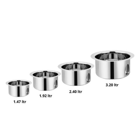 Vinod Stainless Steel Induction Friendly Round Bottom Tope Without Lid 4 Pieces Medium Set Capacity 1.40 Litre, 1.90 Litre, 2.40 Litre & 3.20 Litre